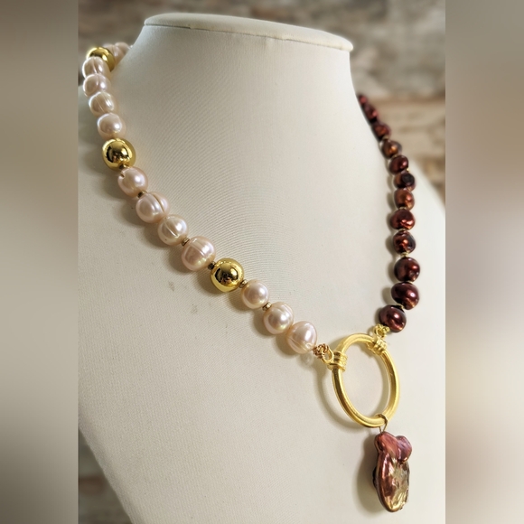 Natural Copper Iron Red Pearl And Peach Pearls In Assymetrical Necklace - Picture 3 of 9